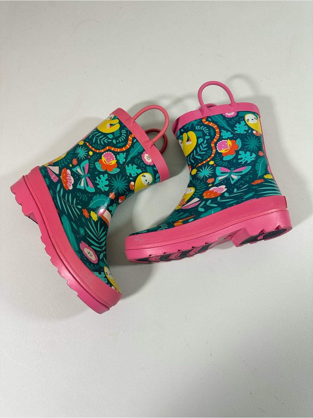 NWOB Lily & Dan Kids Rain Boots 11/12 Green Pink Sloth Print Rubber Waterproof - Picture 6 of 10